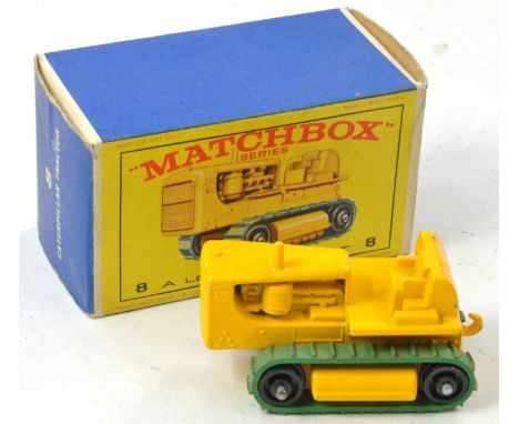 Matchbox Regular Wheels No. 8d Caterpillar Crawler Tractor. Yellow with black plastic Roller and green tracks. Generally Exce