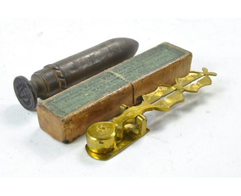 Antique Simmons Brass Sovereign Balance Scales in Original Box, in very good condition plus Trench Art Writing novelty Bullet
