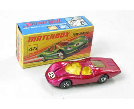 Matchbox Superfast No. 45a Ford Group 6. Metallic Magenta, racing no. 45, white interior, amber windows and black base. Grey 