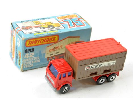 Matchbox Superfast No. 42c Mercedes Container Truck. NYK. Red, unpainted base. Blue windows,  brown container. Excellent in g