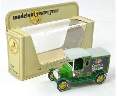 Matchbox Models of Yesteryear Y12 Model T Ford. Captain Morgan. Preproduction. Green body. Excellent in box. Axels / Rivets c