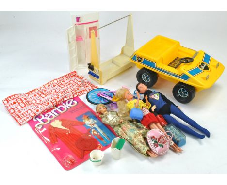 Vintage Sindy, Barbie, Action Man etc Dolls plus various accessories including Roller Set, Bike plus unopened carded outfit. 