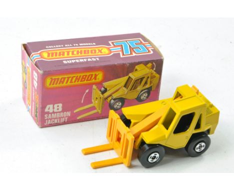 Matchbox Superfast No. 48c Sambron Jacklift. Yellow with black interior, black base. 4 Spoke Wheels. Excellent with excellent