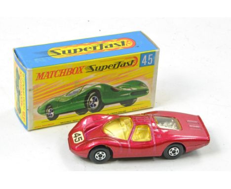 Matchbox Superfast No. 45a Ford Group 6. Metallic Burgundy, Black Gloss Base, White Interior, Light amber Windows, No. 45 Rac