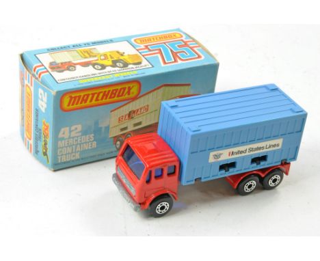 Matchbox Superfast No. 42c Mercedes Container Truck. USL. Red, unpainted base. Blue windows, blue container. Excellent in exc