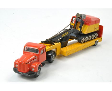 Tekno Denmark vintage issue comprising Scania 110 Low Loader with Akerman Excavator Load. Generally very good, some light mar