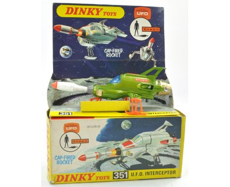 Dinky No. 351 UFO Shado Interceptor. Green, orange legs, blue tinted window, with white and orange missile. Excellent, very l