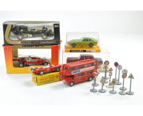 Assorted diecast including Corgi No. 154 Lotus F1 Racer, Polistil Ferrari, Dinky No. 242 Ferrari and other items. Generally g