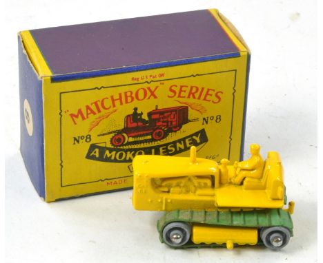 Matchbox Regular Wheels No. 8b Caterpillar Crawler Tractor. Yellow with Metal Roller and green tracks. Excellent, no obvious 