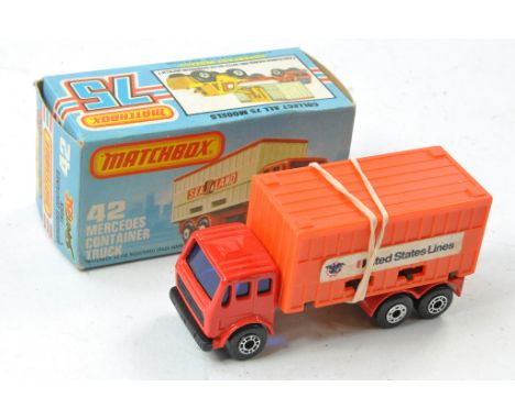 Matchbox Superfast No. 42c Mercedes Container Truck. USL. Red, black base. Blue windows, orange container. Excellent in excel