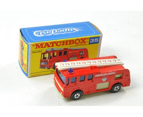 Matchbox Superfast No. 35a Merryweather Fire Engine. Red with harder to find cream / light tan base / grill. Blue Windows. Ex