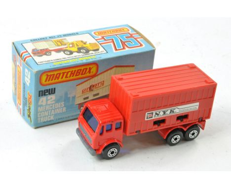 Matchbox Superfast No. 42c Mercedes Container Truck. NYK. Red, unpainted base. Blue windows,  red container. Excellent in goo