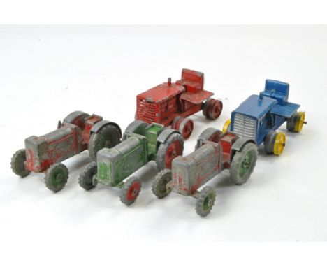 Trio of Maylow Tractor issues, fair only plus Moko crawler tractor in red and Benbros Crawler, both without tracks. Benbros i