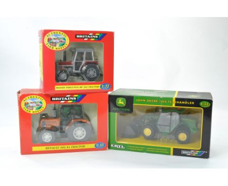 Britains 1/32 farm trio comprising Renault 103.54 Tractor, MF 362 plus John Deere Telehandler. All appear excellent in boxes.