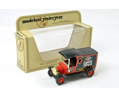 Matchbox Models of Yesteryear Y12 Model T Ford. Captain Morgan. Preproduction. Red body. Excellent in box. Axels / Rivets che