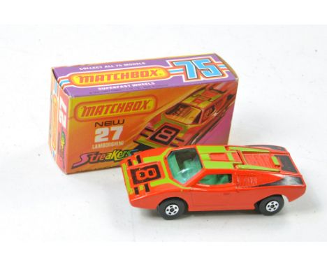 Matchbox Superfast No. 27b Lamborghini Countach. Streakers Issue. Red with grey interior, blue windows and unpainted base. Ge