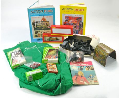 Tray of Assorted misc. games / Subbuteo, Hornby, Action Man literature. 