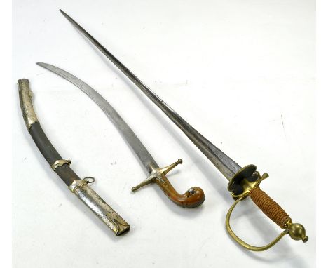 Duo of vintage Swords including Turkish sabre example with scabbard. Note total length of Sabre is 60cm.