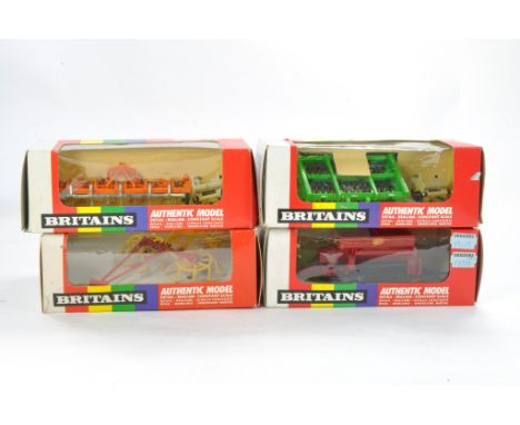 Britains Farm 1/32 implement group comprising Front Mounted Cultivator, Rotary Tedder, Yard Brush and Vicon Spreader. All app