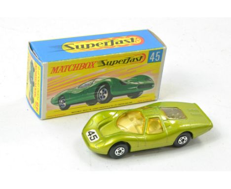 Matchbox Superfast No. 45a Ford Group 6. Metallic Lime Green, racing no. 45, white interior, light amber windows and black ba