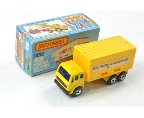 Matchbox Superfast No. 42c Mercedes Container Truck. Deutsche Bunderspost. Yellow, black base. Blue windows, yellow container