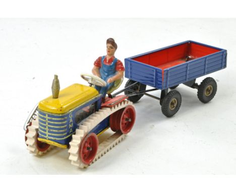 GAMA Mechanical Clockwork Tinplate Crawler Tractor and Trailer with driver and key. Working order, and generally very good wi
