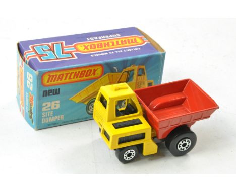 Matchbox Superfast No. 26C Site Dumper. Yellow / Red with black interior, Harder to find metallic brown base. Excellent, no o