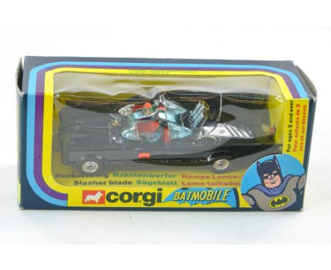 Corgi No. 267 Batman Batmobile. Black, chrome hubs, grey plastic aerial, blue tinted windows, with Batman figure. Generally e