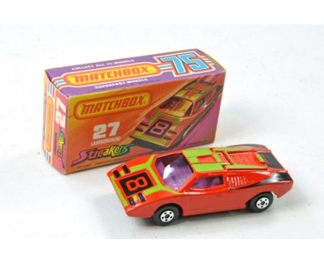 Matchbox Superfast No. 27b Lamborghini Countach. Streakers Issue. Red with grey interior, Harder to find Purple windows and b