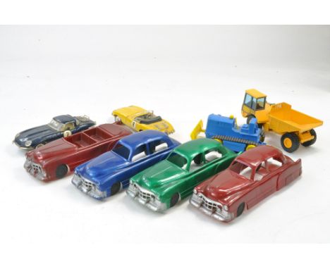 Group of four interesting 1/20 approx. plastic cars by GPL of Canada. Plus duo of build model car kits and Plastic Lipkin Bul