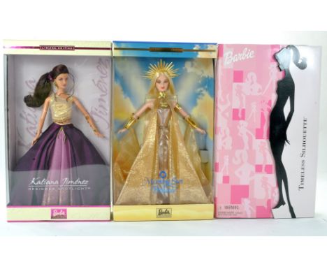 Mattel Barbie Fashion Doll trio comprising Timeless Silhouette, Morning Sun Princess, Katiana Jimenz Design Spotlight issue. 