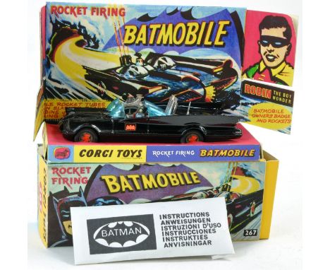 Corgi No. 267 Batmobile with gloss black body. Blue shaded windows. Generally good, aerial broken, the odd minor mark in repr