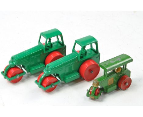 Matchbox Regular Wheels No. 1d Aveling Barford Road Roller trio. Green with red plastic rollers. Riveted and unriveted base v