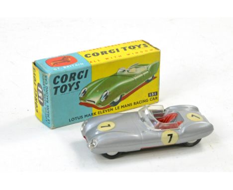 Corgi No. 151 Lotus Mark Eleven Le Mans Racing Car. Silver, red seats with racing no. 7. Excellent, no obvious sign of wear a