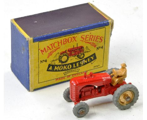 Matchbox Regular Wheels No. 4a Massey Harris Tractor. Red with Gold Trim, Tan Driver. Very Good to excellent, the odd spot of