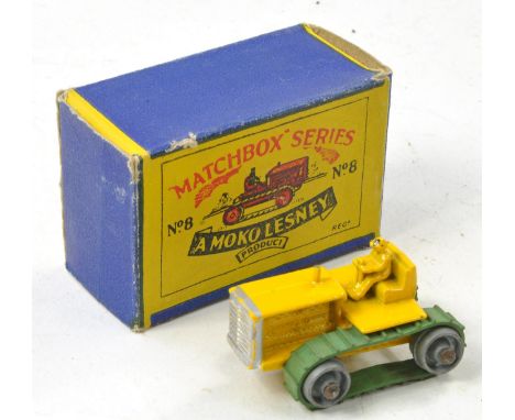 Matchbox Regular Wheels No. 8a Caterpillar Tractor. Yellow with silver trim, yellow driver. Original Tracks. Very Good to exc