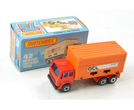 Matchbox Superfast No. 42c Mercedes Container Truck. OCL. Red, black base, blue windows, orange container. Excellent in excel