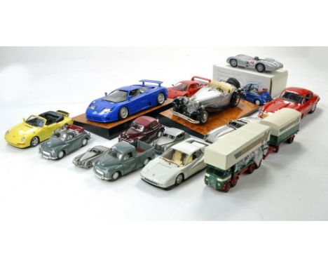 Large group (15 pcs) of mostly larger scale diecast from Burago but including Franklin Mint Racer and some Maisto and Corgi D