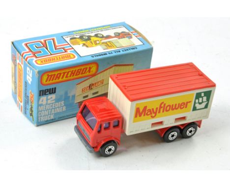 Matchbox Superfast No. 42c Mercedes Container Truck. Mayflower. Red, unpainted base. Purple windows, white container. Excelle