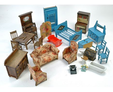Attractive 1930/40's Dollhouse Furniture including J Hill &amp; Co Metal Typewriter and Metal Rotary Dial Telephone.