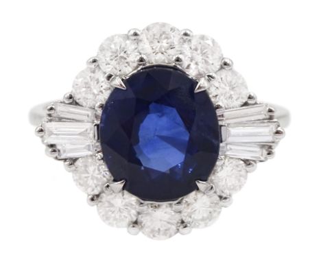 18ct white old oval sapphire, round brilliant cut and baguette cut diamond cluster ring, stamped 750, sapphire 2.93 carat, to