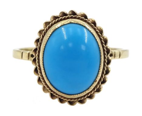 9ct gold single stone turquoise ring, hallmarkedCondition Report:Approx 2.7gm, size Q-R, head = 15.5mm x 13mm