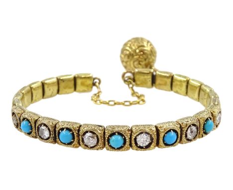 Victorian gold turquoise and diamond bangle, the sprung bangle formed of foliate cast square links, the front set with old cu