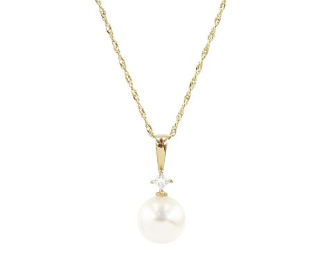 14ct gold cultured white pearl and princess cut diamond pendant necklaceCondition Report:Approx 1.9gm, chain length = 46cm, p