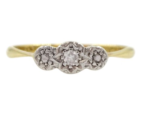 Gold three stone diamond chip ring, stamped 18ct PlatCondition Report:Approx 1.8gm, size K-L