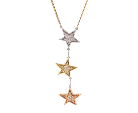 White, yellow and rose gold pave set diamond star pendant necklaceCondition Report:Approx 7.8gm, stars tested 14ct, chain hal