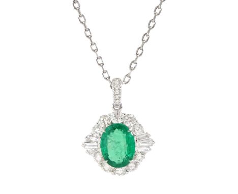 18ct white gold oval cut emerald, round and tapered baguette cut diamond pendant necklace, emerald 1.19 carat, total diamond 