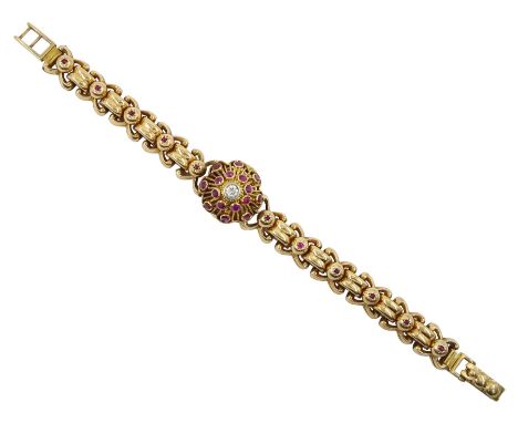 Josarn ladies 9ct gold manual wind wristwatch, with the domed wirework case set with a single round brilliant cut diamond and