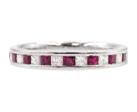 18ct white gold channel set princess cut ruby and round brilliant cut diamond half eternity ring, stamped 750Condition Report