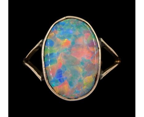 Early 20th century rose gold single stone opal ring, stamped 9ctCondition Report:Approx 2.2gm, size J-K, head = 15.5mm x 11mm